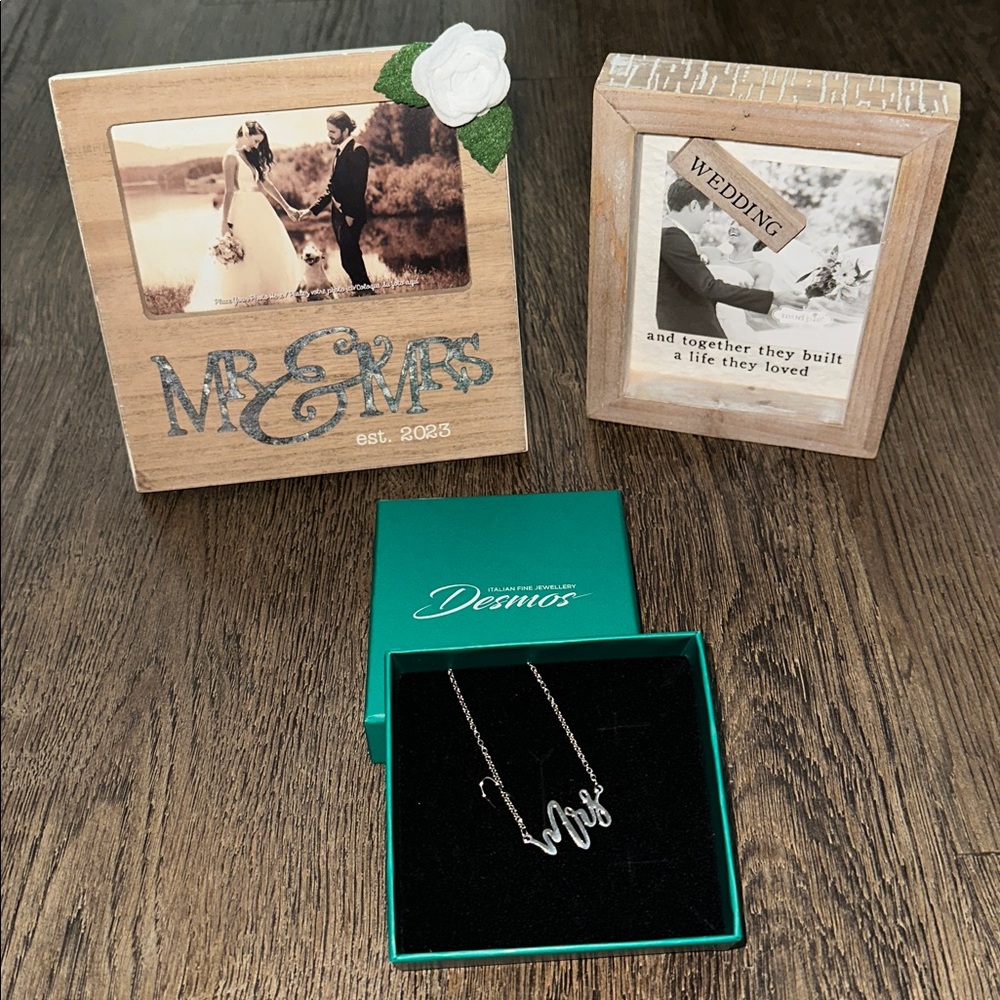 🆕 WEDDING PACK Desmos ITALIAN FINE JEWELRY Mrs Silver necklace 2 Picture frames